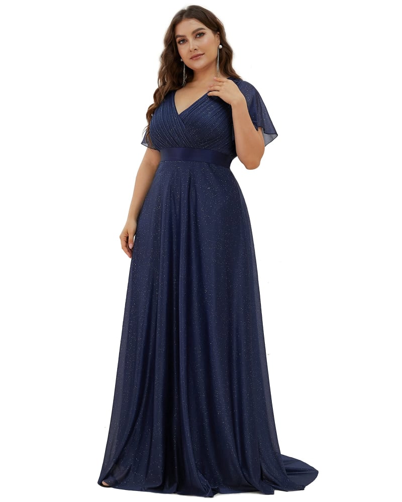 Front of a model wearing a size 20 Short Sleeve V-Neck Ribbon Waist A-Line Evening Dress in Navy Blue by Ever-Pretty. | dia_product_style_image_id:284607